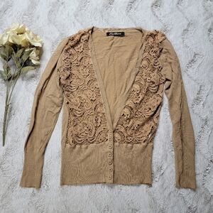 ✨️CL Esther Tan Brown Crochet Panel V Neck Ribbed Hem Button Cardigan Sweater